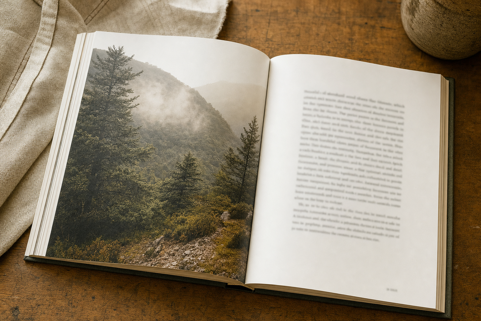 Doble página de capítulo: un bosque entre nieblas y calizas